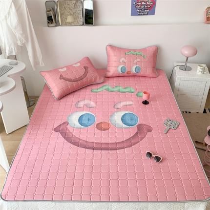 昔可 2023新款方块绗缝乳胶凉席三件套Chic风 粉色笑脸