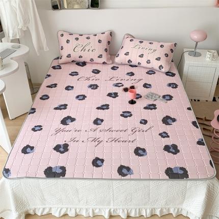 昔可 2023新款方块绗缝乳胶凉席三件套Chic风 粉紫豹纹