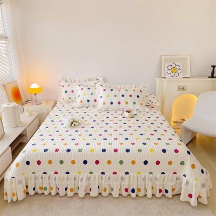 91家纺网 家纺一手货源 找家纺 宜凡 2023新款全棉双层花边床盖三件套系列 彩色波点