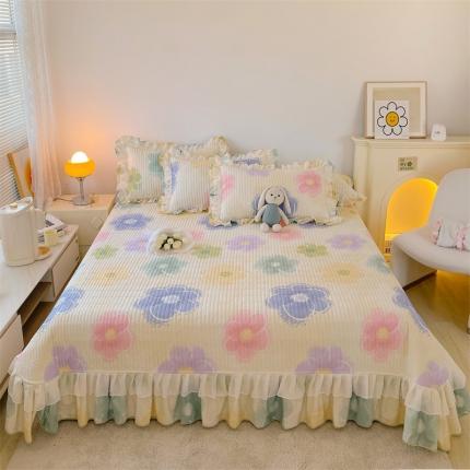 91家纺网 家纺一手货源 找家纺 宜凡 2023新款全棉双层花边床盖三件套系列 春日蜜糖