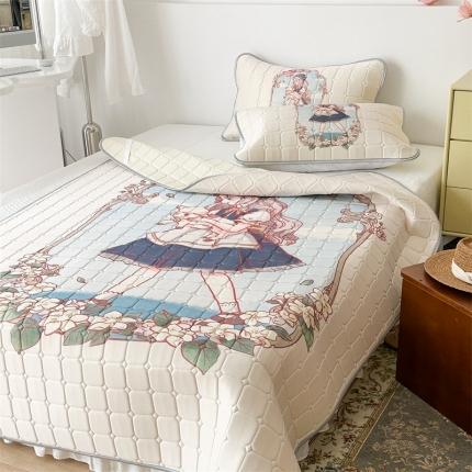 91家纺网 家纺一手货源 找家纺 昔可 2023新款方块绗缝乳胶凉席复古风 女孩与小羊