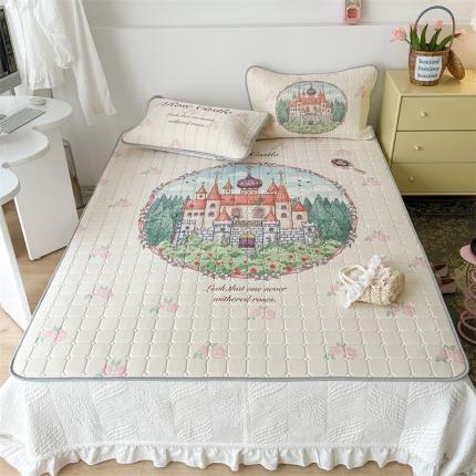 91家纺网 家纺一手货源 找家纺 昔可 2023新款方块绗缝乳胶凉席复古风 童话城堡