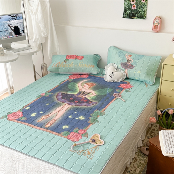 91家纺网 家纺一手货源 找家纺 昔可 2023新款方块绗缝乳胶凉席复古风 芭蕾公主