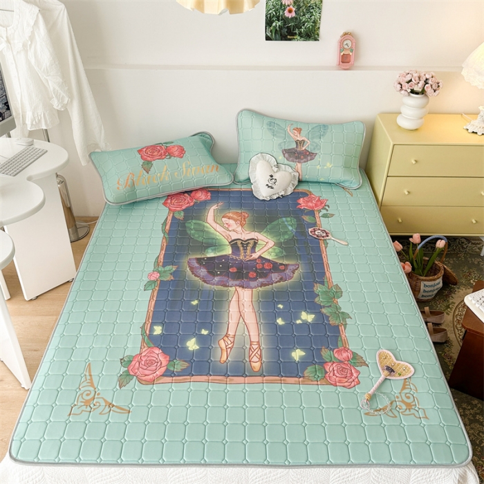 91家纺网 家纺一手货源 找家纺 昔可 2023新款方块绗缝乳胶凉席复古风 芭蕾公主