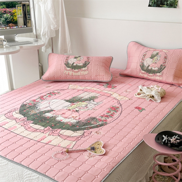 91家纺网 家纺一手货源 找家纺 昔可 2023新款方块绗缝乳胶凉席复古风 公主骑士