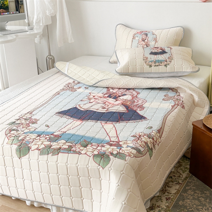 91家纺网 家纺一手货源 找家纺 昔可 2023新款方块绗缝乳胶凉席复古风 女孩与小羊