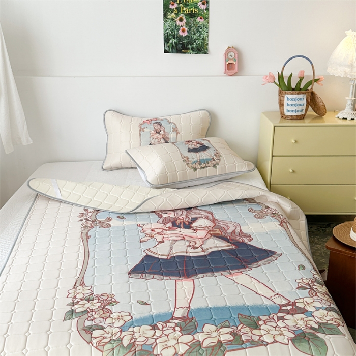 91家纺网 家纺一手货源 找家纺 昔可 2023新款方块绗缝乳胶凉席复古风 女孩与小羊
