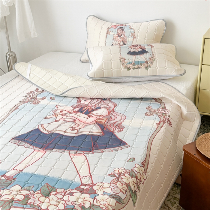 91家纺网 家纺一手货源 找家纺 昔可 2023新款方块绗缝乳胶凉席复古风 女孩与小羊