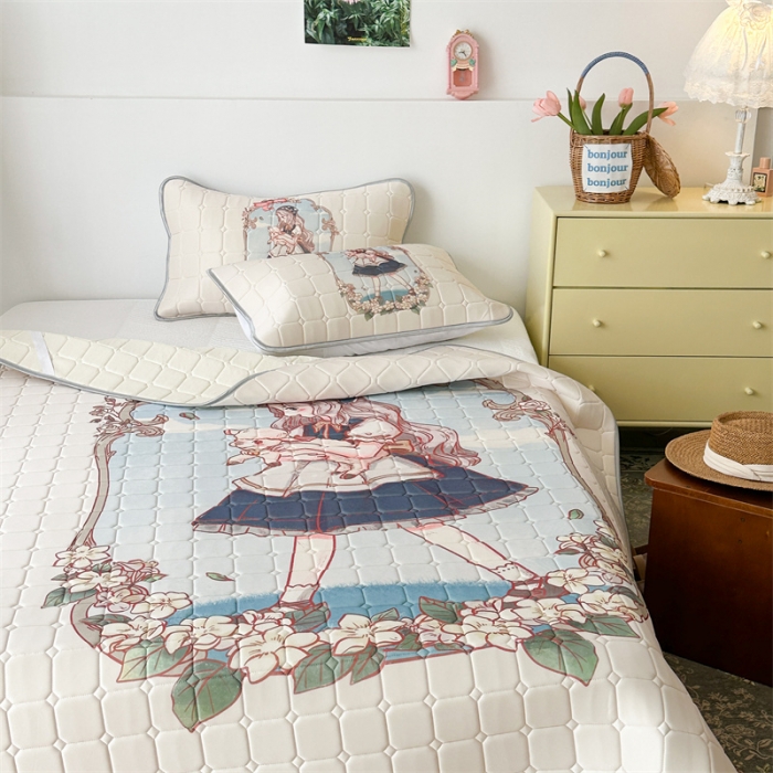 91家纺网 家纺一手货源 找家纺 昔可 2023新款方块绗缝乳胶凉席复古风 女孩与小羊