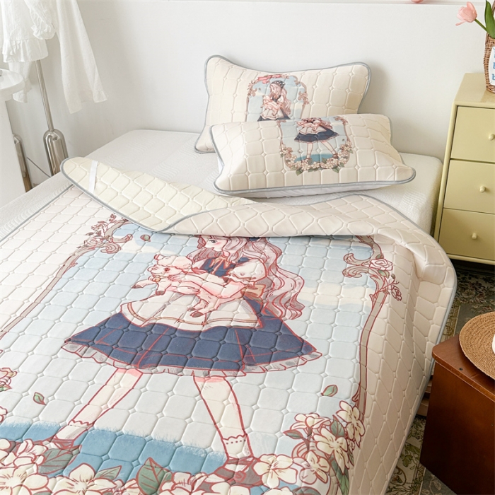 91家纺网 家纺一手货源 找家纺 昔可 2023新款方块绗缝乳胶凉席复古风 女孩与小羊