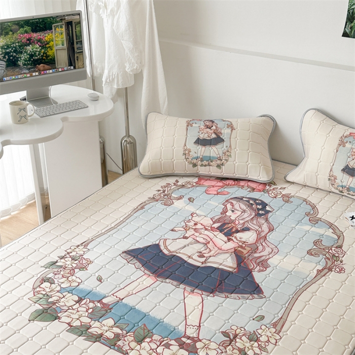 91家纺网 家纺一手货源 找家纺 昔可 2023新款方块绗缝乳胶凉席复古风 女孩与小羊