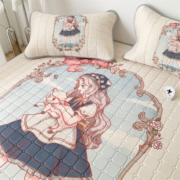 91家纺网 家纺一手货源 找家纺 昔可 2023新款方块绗缝乳胶凉席复古风 女孩与小羊