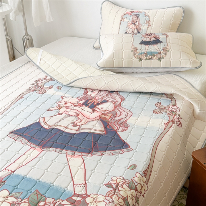 91家纺网 家纺一手货源 找家纺 昔可 2023新款方块绗缝乳胶凉席复古风 女孩与小羊