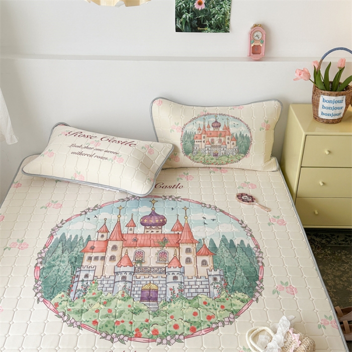 91家纺网 家纺一手货源 找家纺 昔可 2023新款方块绗缝乳胶凉席复古风 童话城堡