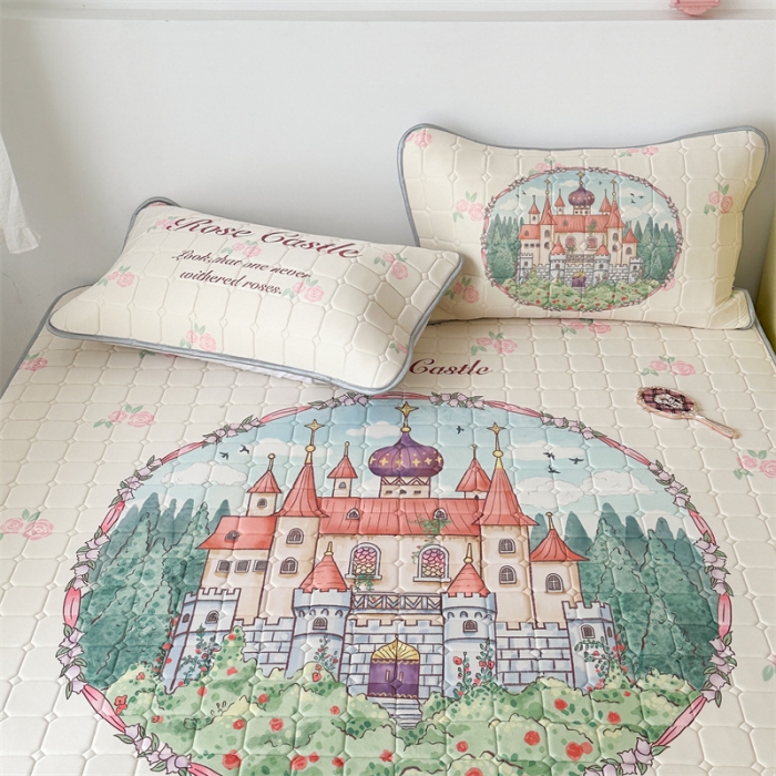 91家纺网 家纺一手货源 找家纺 昔可 2023新款方块绗缝乳胶凉席复古风 童话城堡