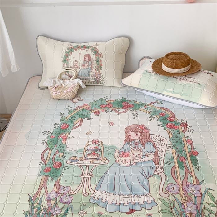 91家纺网 家纺一手货源 找家纺 昔可 2023新款方块绗缝乳胶凉席复古风 英式花园女孩