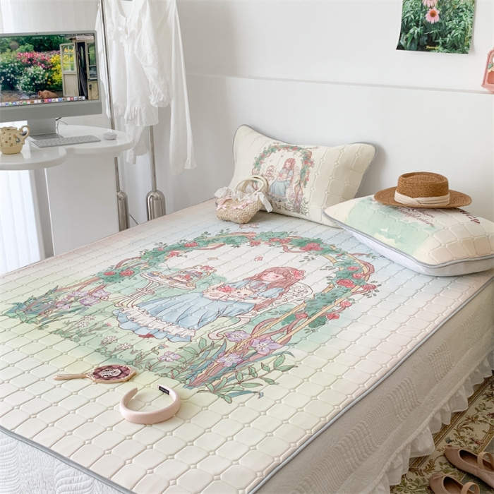 91家纺网 家纺一手货源 找家纺 昔可 2023新款方块绗缝乳胶凉席复古风 英式花园女孩