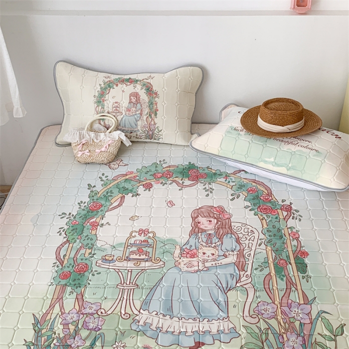 91家纺网 家纺一手货源 找家纺 昔可 2023新款方块绗缝乳胶凉席复古风 英式花园女孩