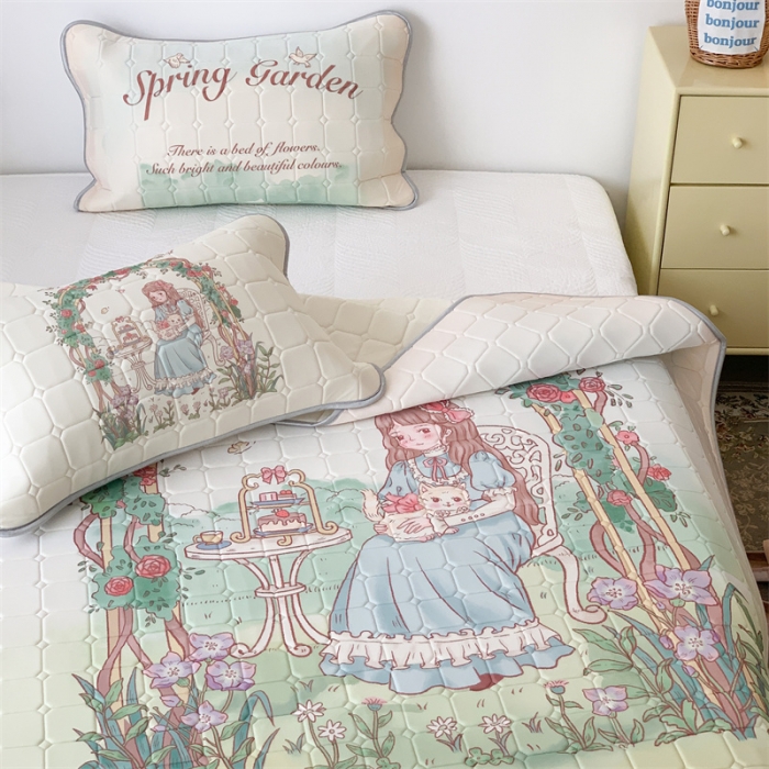 91家纺网 家纺一手货源 找家纺 昔可 2023新款方块绗缝乳胶凉席复古风 英式花园女孩