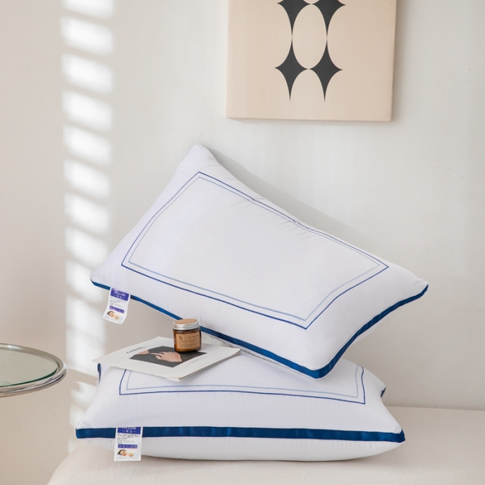 91家纺网 家纺一手货源 找家纺 拾光 2023新款绣花全棉立体高端双边边框酒店枕芯磨毛欧式纤丝蓝边高枕