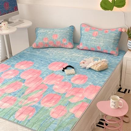 91家纺网 家纺一手货源 找家纺 昔可 2023新款方块绗缝乳胶凉席花花系列 湖边郁金香