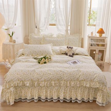 91家纺网 家纺一手货源 找家纺 宜凡 2023新款全棉韩版蕾丝花边床盖四件套系列 小黄花