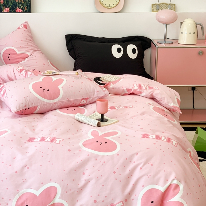 91家纺网 家纺一手货源 找家纺 昔可 2023新款全棉四件套 粉耳朵兔兔