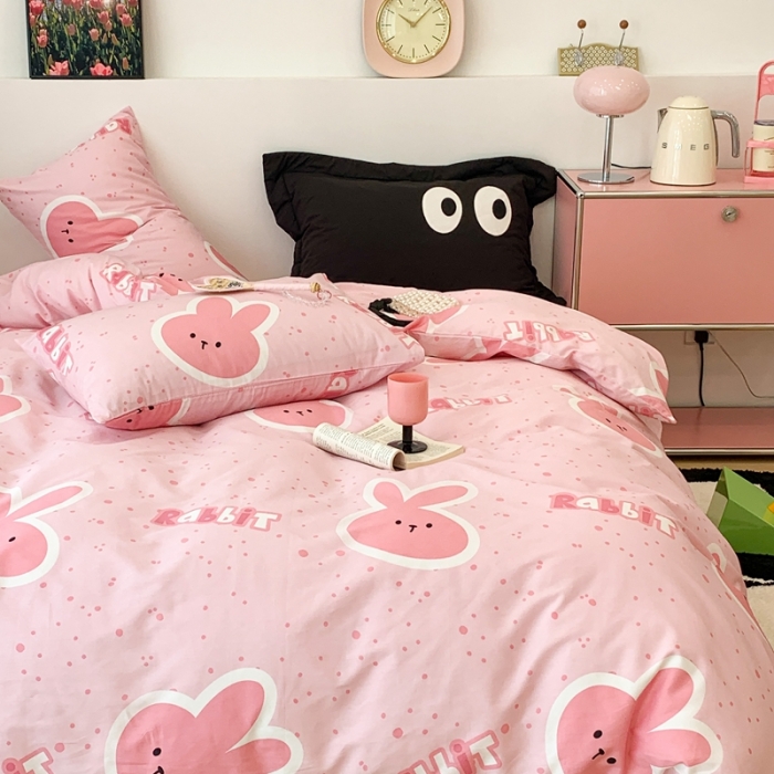 91家纺网 家纺一手货源 找家纺 昔可 2023新款全棉四件套 粉耳朵兔兔