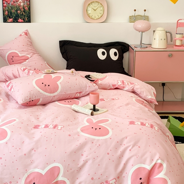 91家纺网 家纺一手货源 找家纺 昔可 2023新款全棉四件套 粉耳朵兔兔