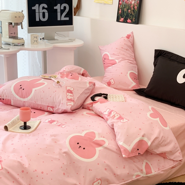 91家纺网 家纺一手货源 找家纺 昔可 2023新款全棉四件套 粉耳朵兔兔