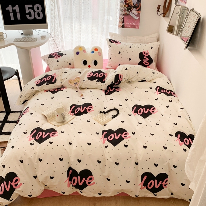 91家纺网 家纺一手货源 找家纺 昔可 2023新款全棉四件套 粉字母爱心