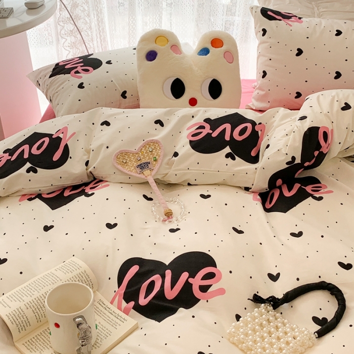 91家纺网 家纺一手货源 找家纺 昔可 2023新款全棉四件套 粉字母爱心