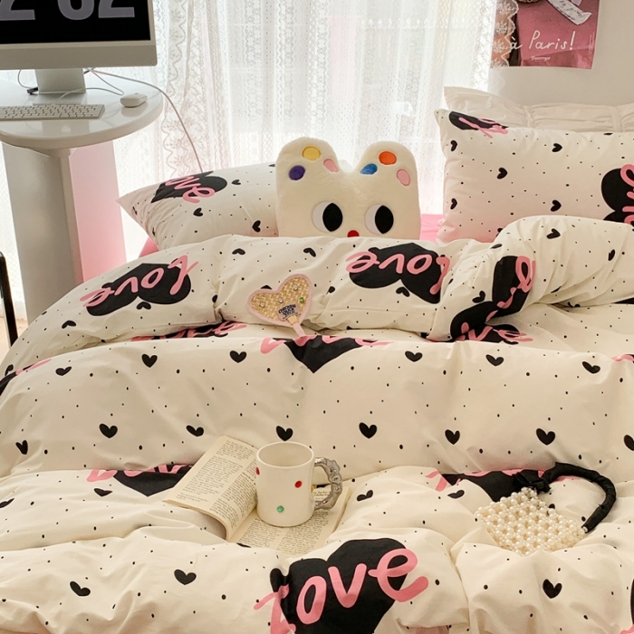 91家纺网 家纺一手货源 找家纺 昔可 2023新款全棉四件套 粉字母爱心