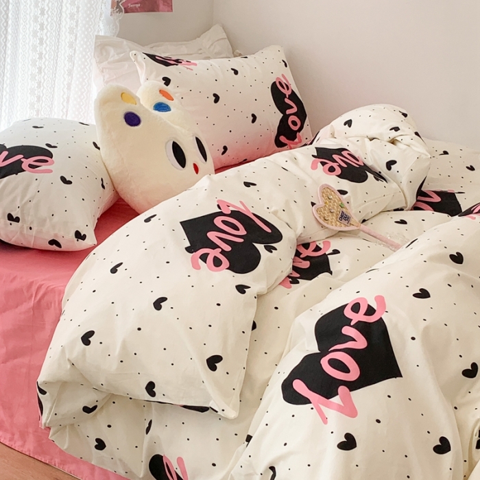 91家纺网 家纺一手货源 找家纺 昔可 2023新款全棉四件套 粉字母爱心