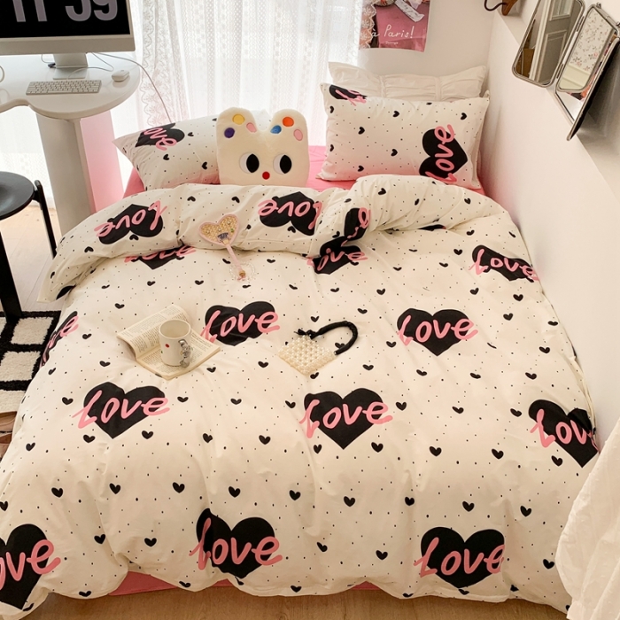 91家纺网 家纺一手货源 找家纺 昔可 2023新款全棉四件套 粉字母爱心