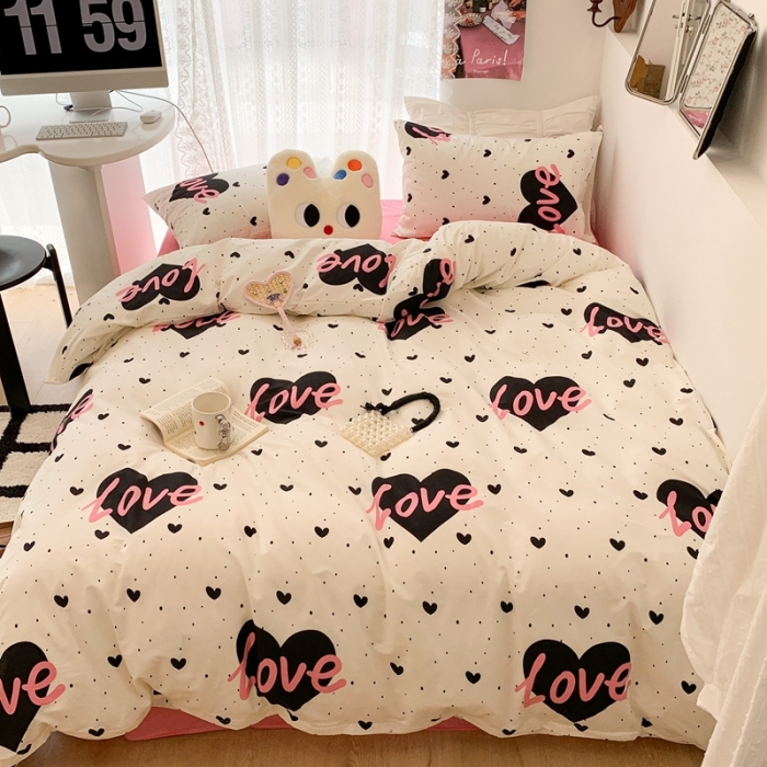 91家纺网 家纺一手货源 找家纺 昔可 2023新款全棉四件套 粉字母爱心