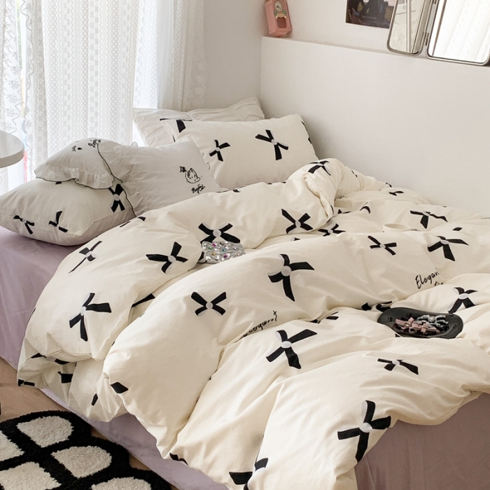 91家纺网 家纺一手货源 找家纺 昔可 2023新款全棉四件套 珍珠蝴蝶结