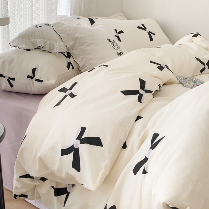 91家纺网 家纺一手货源 找家纺 昔可 2023新款全棉四件套 珍珠蝴蝶结