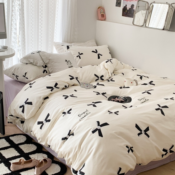 91家纺网 家纺一手货源 找家纺 昔可 2023新款全棉四件套 珍珠蝴蝶结