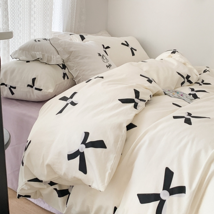 91家纺网 家纺一手货源 找家纺 昔可 2023新款全棉四件套 珍珠蝴蝶结