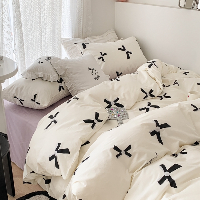 91家纺网 家纺一手货源 找家纺 昔可 2023新款全棉四件套 珍珠蝴蝶结