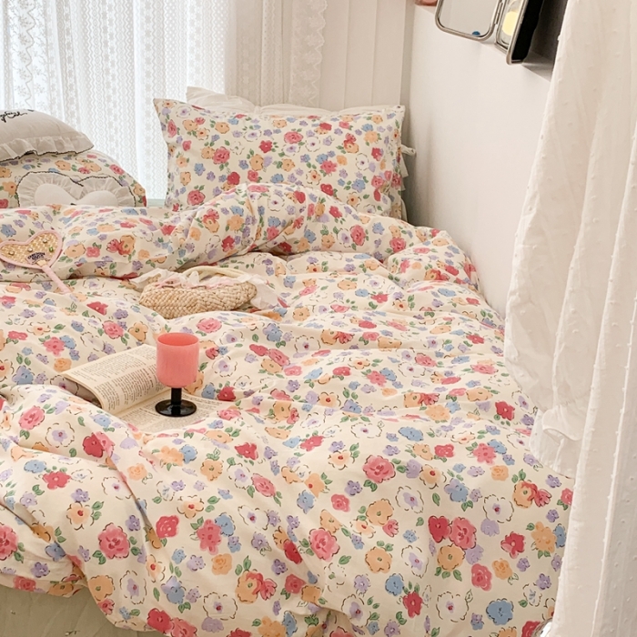 91家纺网 家纺一手货源 找家纺 昔可 2023新款全棉四件套 彩色水彩花花