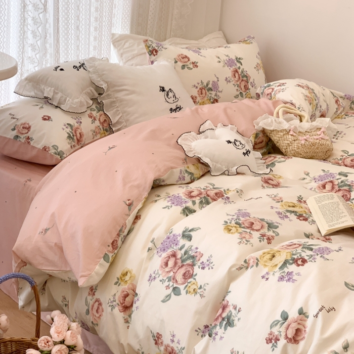 91家纺网 家纺一手货源 找家纺 昔可 2023新款全棉四件套 春日蔷薇庄园