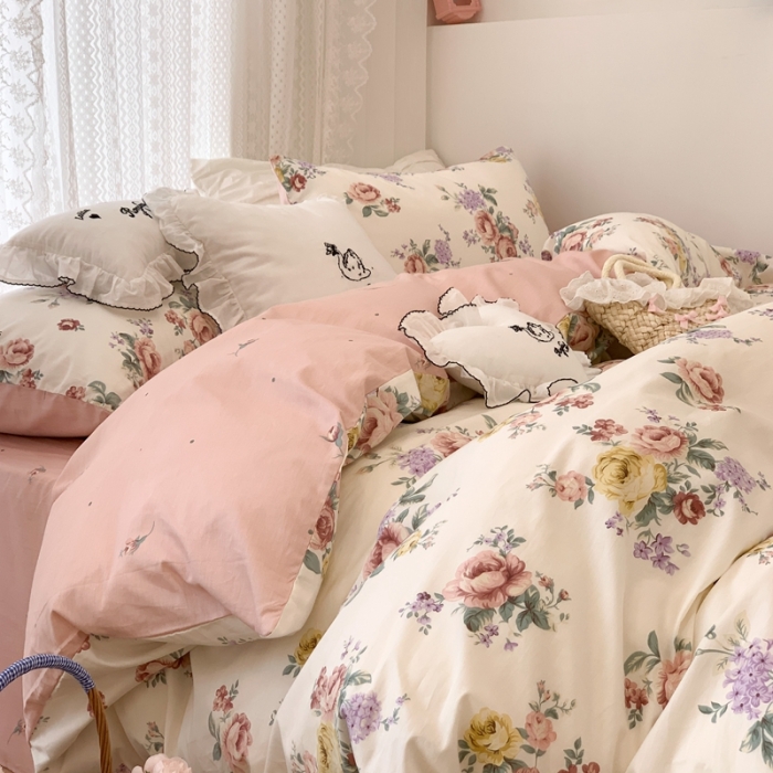 91家纺网 家纺一手货源 找家纺 昔可 2023新款全棉四件套 春日蔷薇庄园