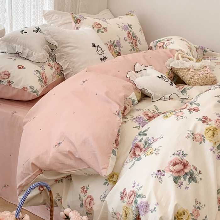 91家纺网 家纺一手货源 找家纺 昔可 2023新款全棉四件套 春日蔷薇庄园