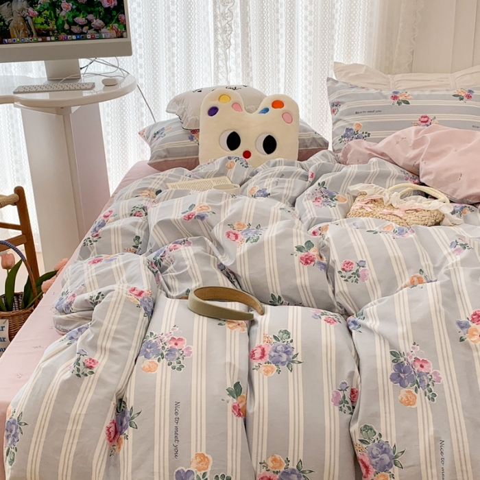 91家纺网 家纺一手货源 找家纺 昔可 2023新款全棉四件套 复古竖条蔷薇花