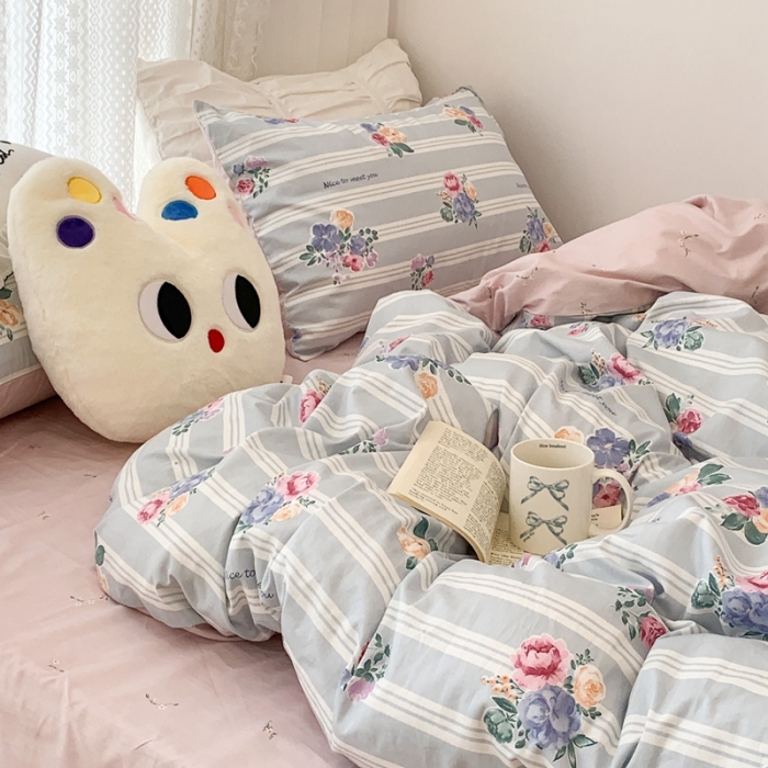 91家纺网 家纺一手货源 找家纺 昔可 2023新款全棉四件套 复古竖条蔷薇花