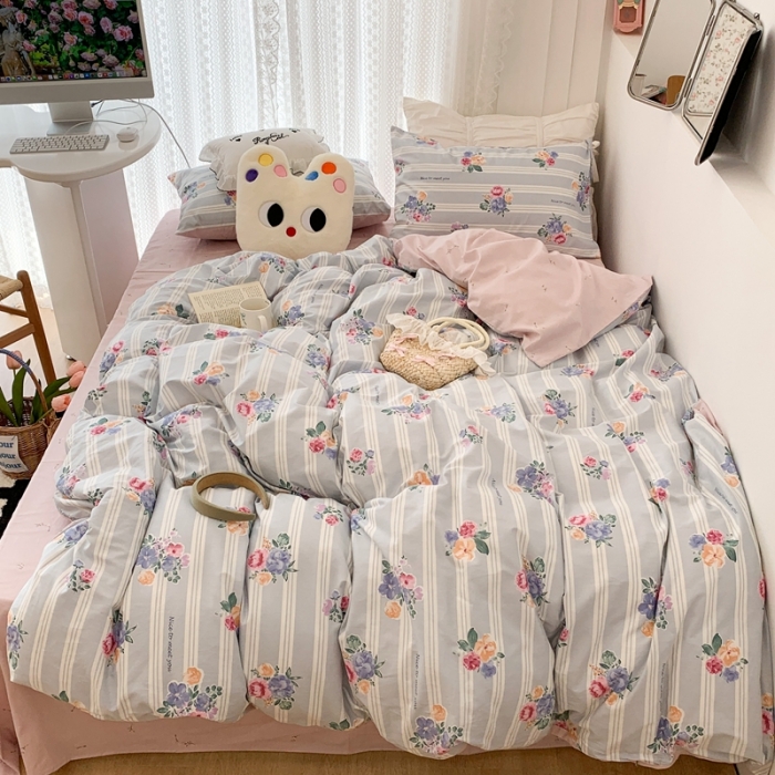 91家纺网 家纺一手货源 找家纺 昔可 2023新款全棉四件套 复古竖条蔷薇花