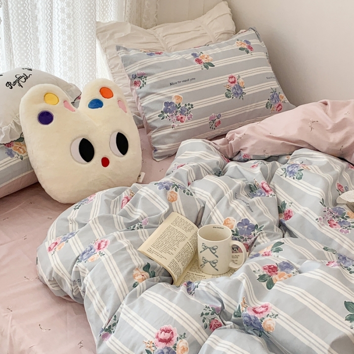 91家纺网 家纺一手货源 找家纺 昔可 2023新款全棉四件套 复古竖条蔷薇花