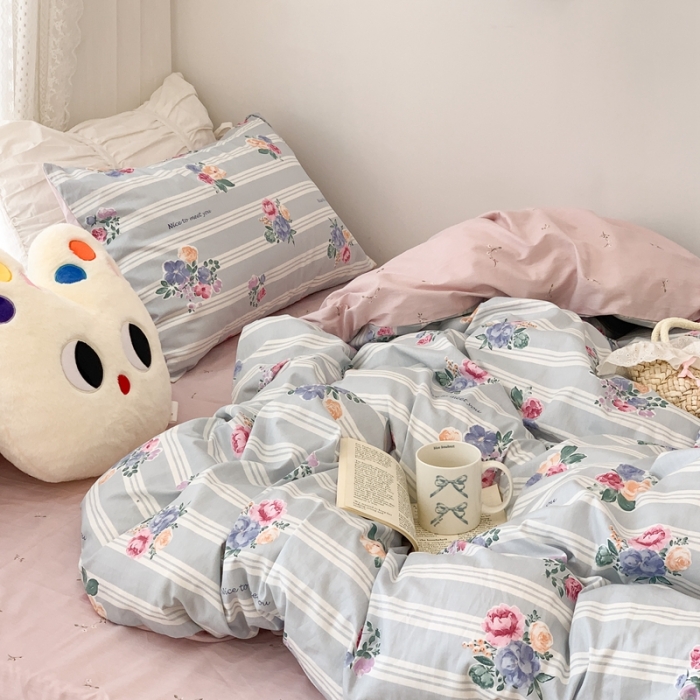 91家纺网 家纺一手货源 找家纺 昔可 2023新款全棉四件套 复古竖条蔷薇花